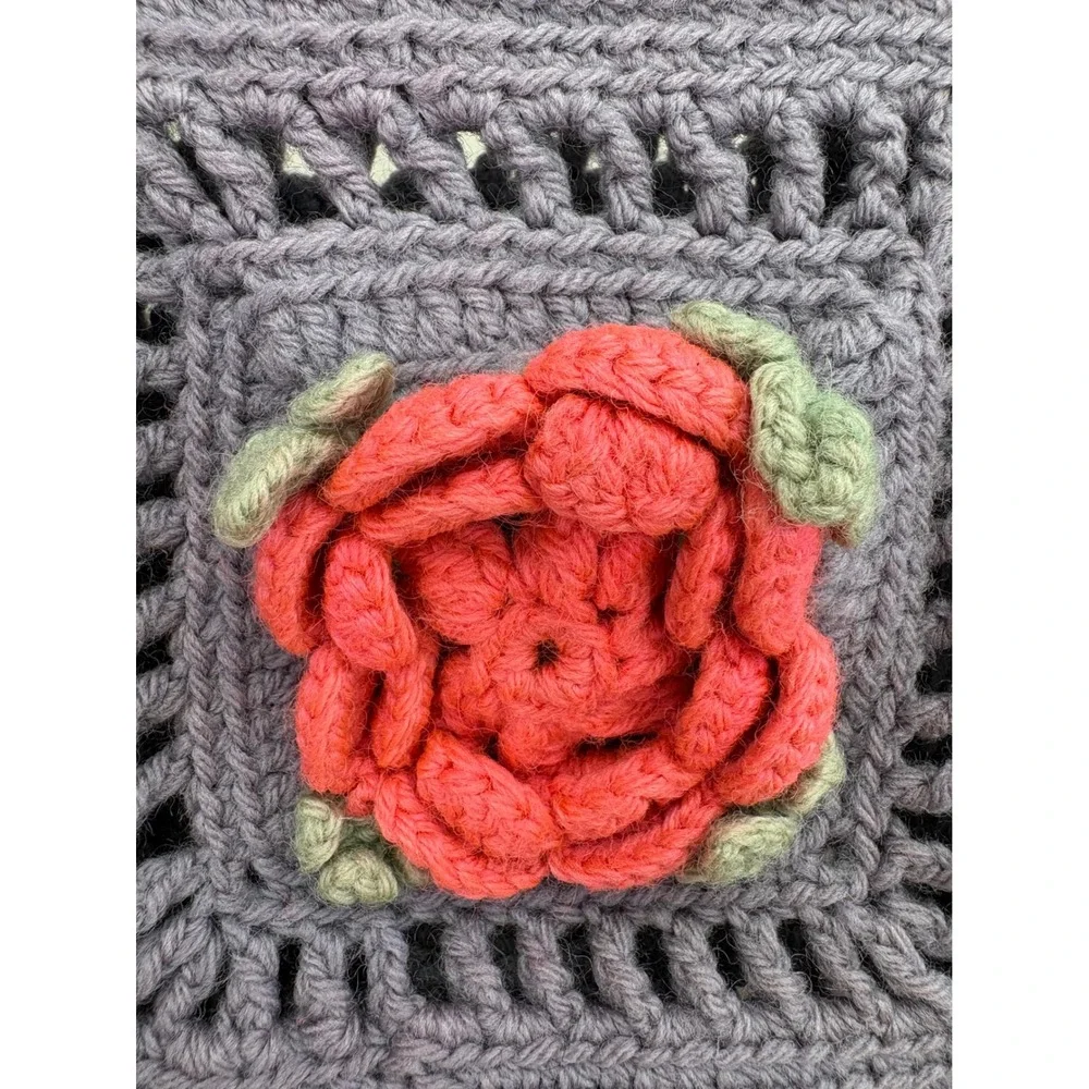 FLAWED Crochet Granny Square Blanket Purple 3D Pink Roses Handmade Cottagecore